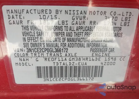 2016 Nissan Versa Note S (Sr)/S Plus/Sl/Sr/Sv z USA, uszkodzony, nr VIN 3N1CE2CP0GL366172